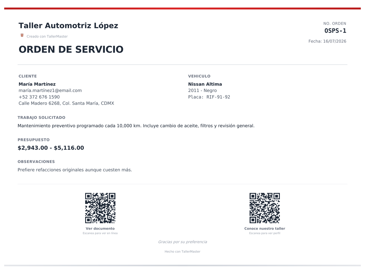 Orden de servicio en PDF lista para entregar al cliente