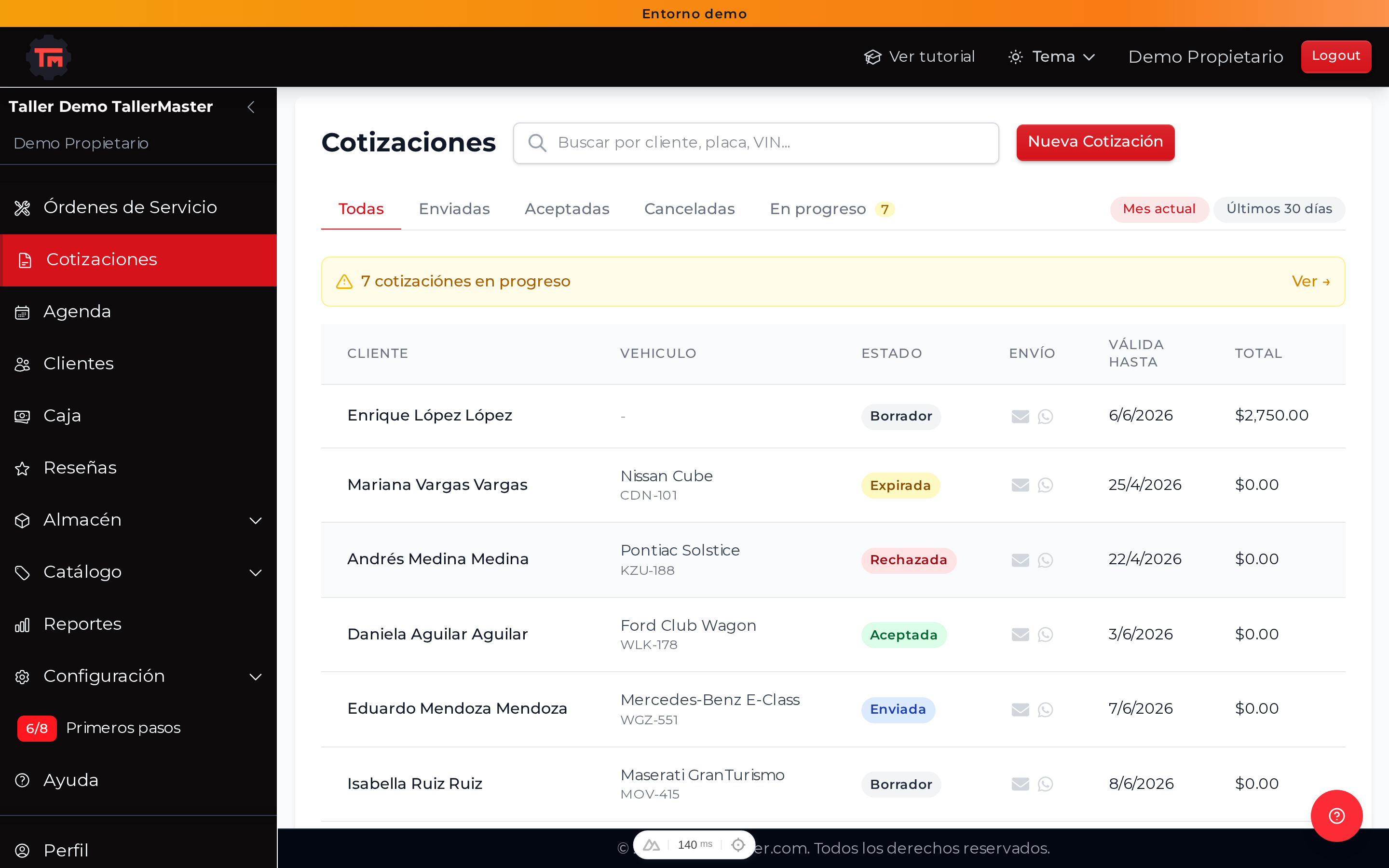 Abre la lista de cotizaciones desde el menú lateral.