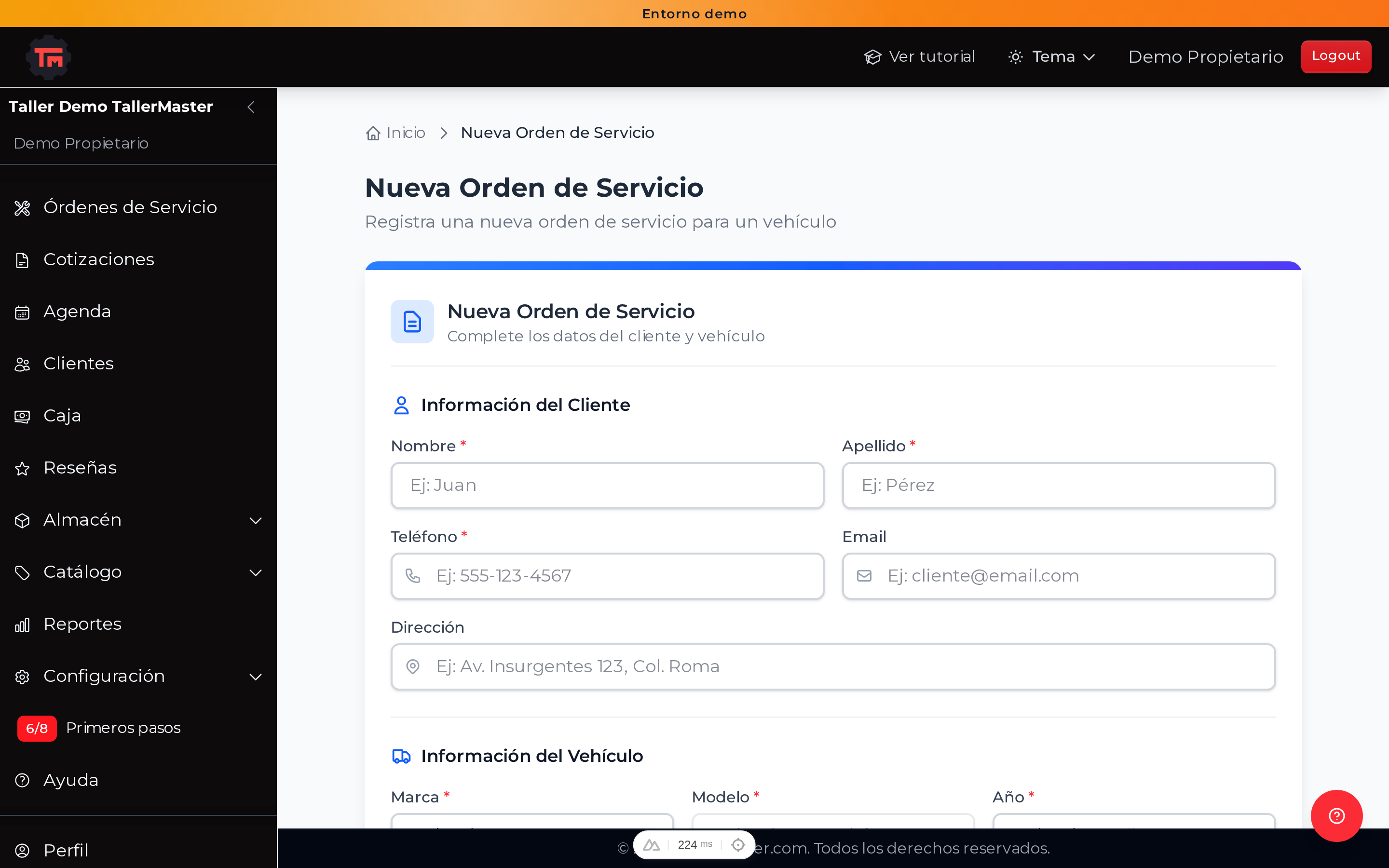 Da clic en "Nueva orden" y llena los datos: cliente, vehículo y servicios requeridos.